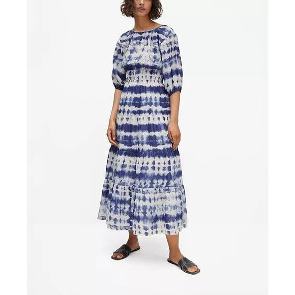 Mango Dresses & Skirts - Mango MNG Women’s Size 8 Medium Blue White Cotton Puff Sleeve Midi Maxi Dress